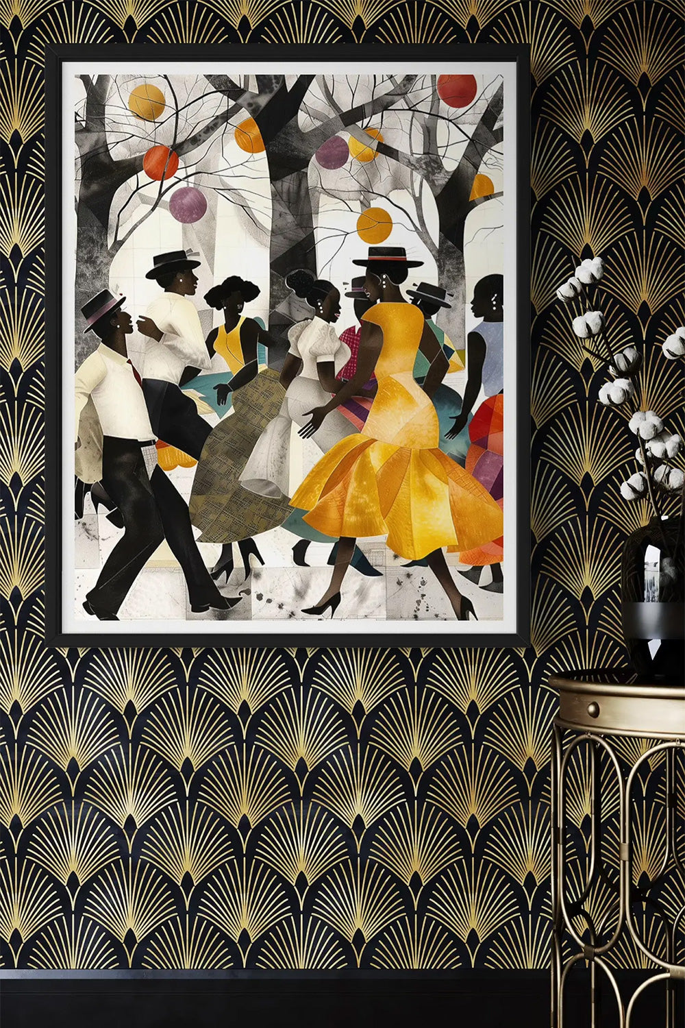 Juneteenth Party Celebration Art Print titled “Picnic in the Park,” featuring African American families and friends gathering outdoors with vibrant Afrocentric colors and patterns; joyful scene of music, food, and community celebrating freedom and heritage.