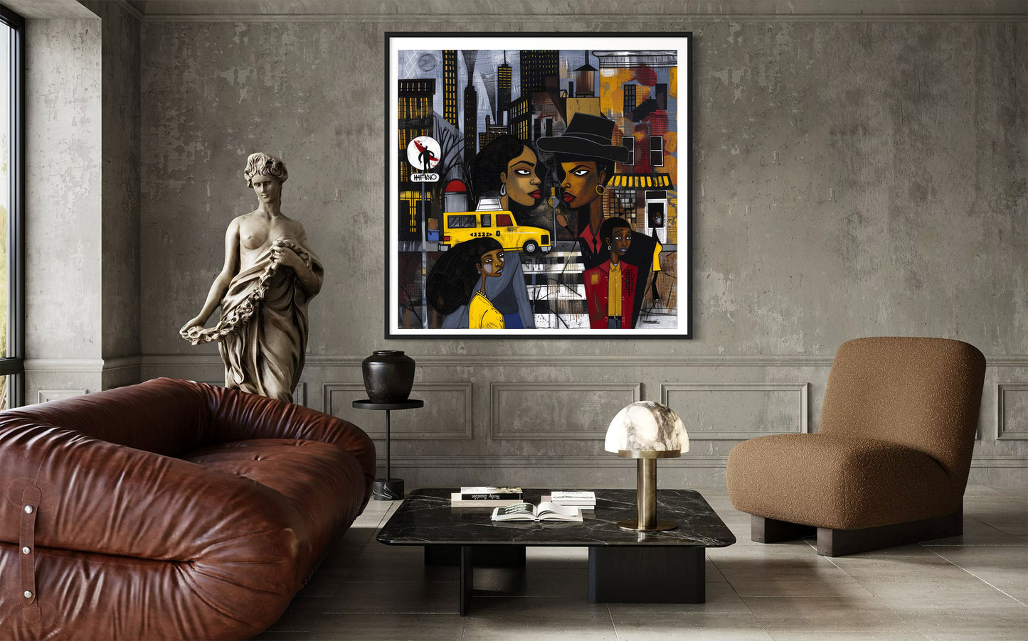 Graffiti-style abstract art print featuring iconic yellow cabs driving through the streets of Harlem, New York City. The gritty urban landscape includes textured buildings and dynamic street elements, capturing the bold energy of NYC in a modern cityscape wall art design.