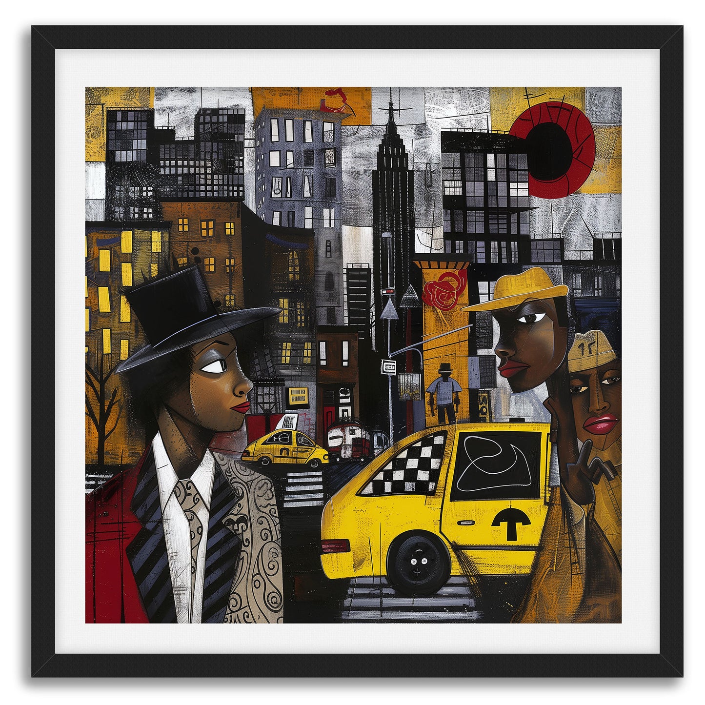 Graffiti-style abstract art print featuring iconic yellow cabs driving through the streets of Harlem, New York City. The gritty urban landscape includes textured buildings and dynamic street elements, capturing the bold energy of NYC in a modern cityscape wall art design.