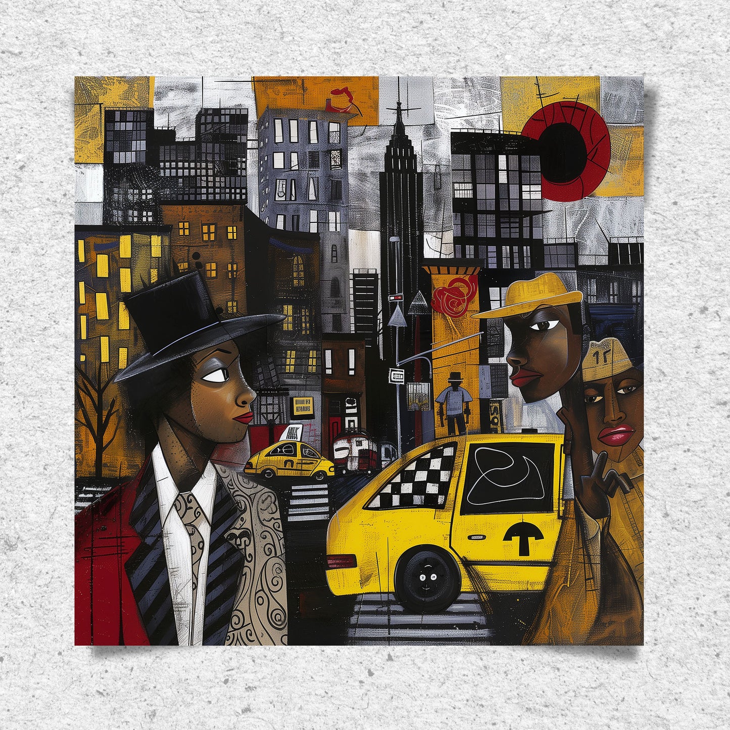 Graffiti-style abstract art print featuring iconic yellow cabs driving through the streets of Harlem, New York City. The gritty urban landscape includes textured buildings and dynamic street elements, capturing the bold energy of NYC in a modern cityscape wall art design.