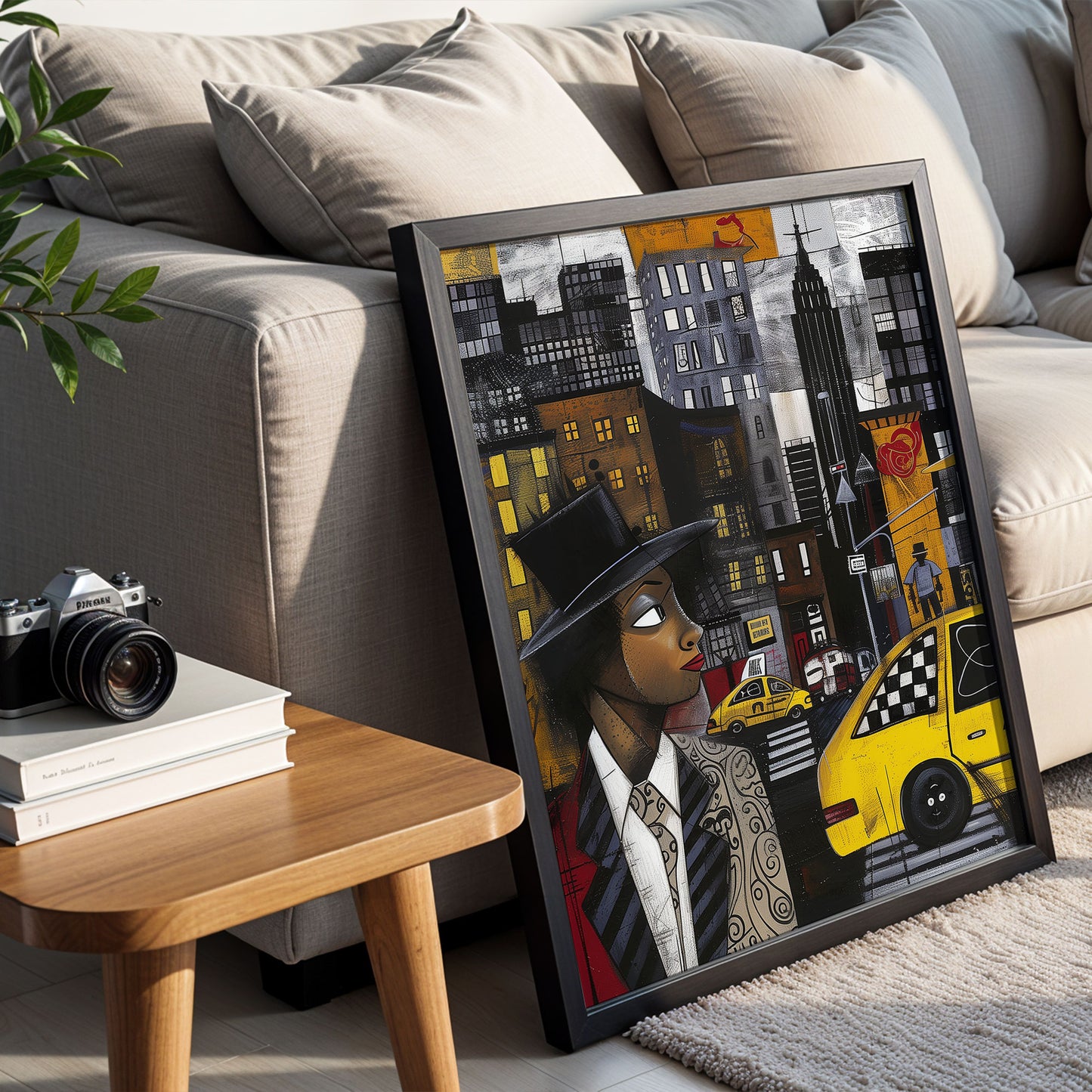 Graffiti-style abstract art print featuring iconic yellow cabs driving through the streets of Harlem, New York City. The gritty urban landscape includes textured buildings and dynamic street elements, capturing the bold energy of NYC in a modern cityscape wall art design.
