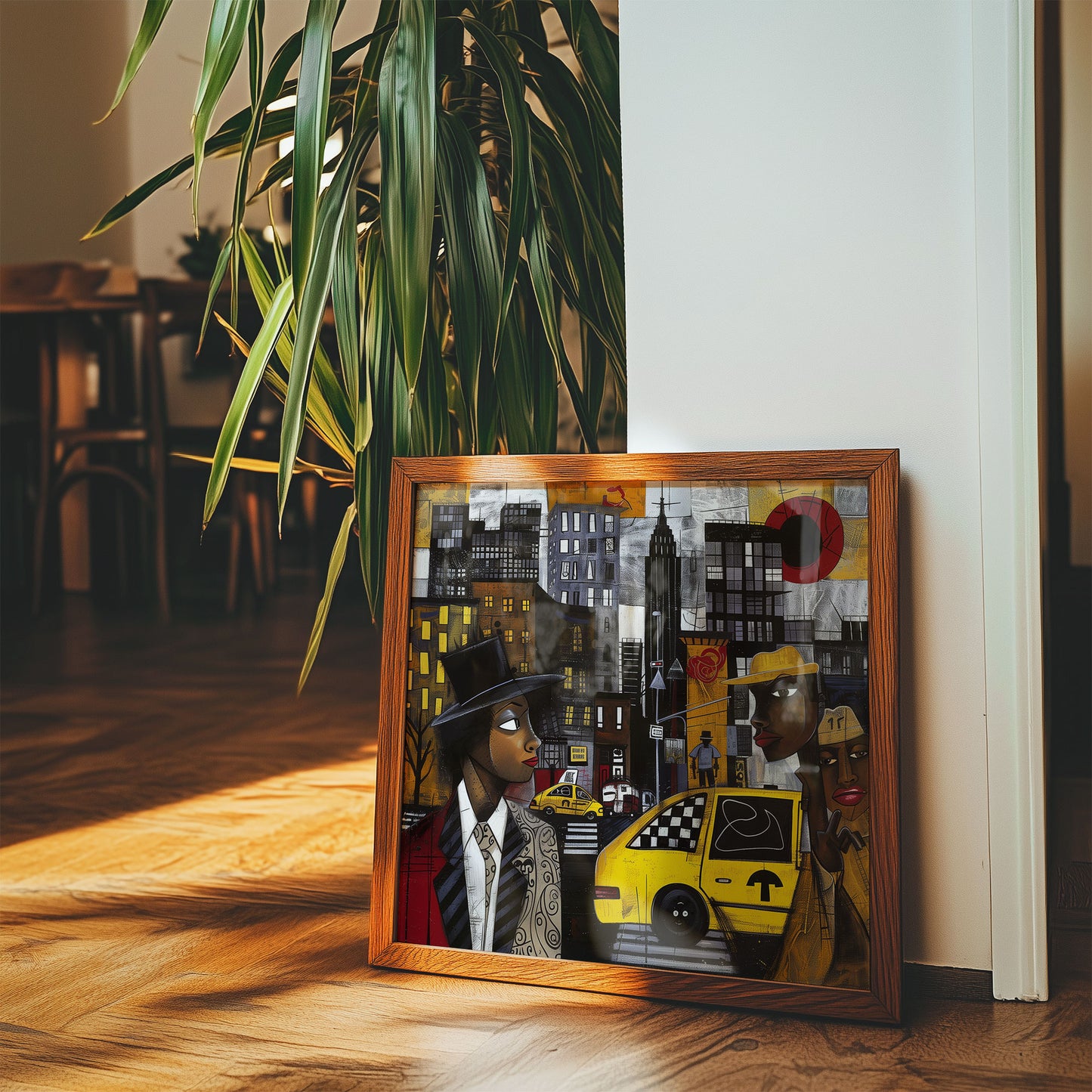 Graffiti-style abstract art print featuring iconic yellow cabs driving through the streets of Harlem, New York City. The gritty urban landscape includes textured buildings and dynamic street elements, capturing the bold energy of NYC in a modern cityscape wall art design.