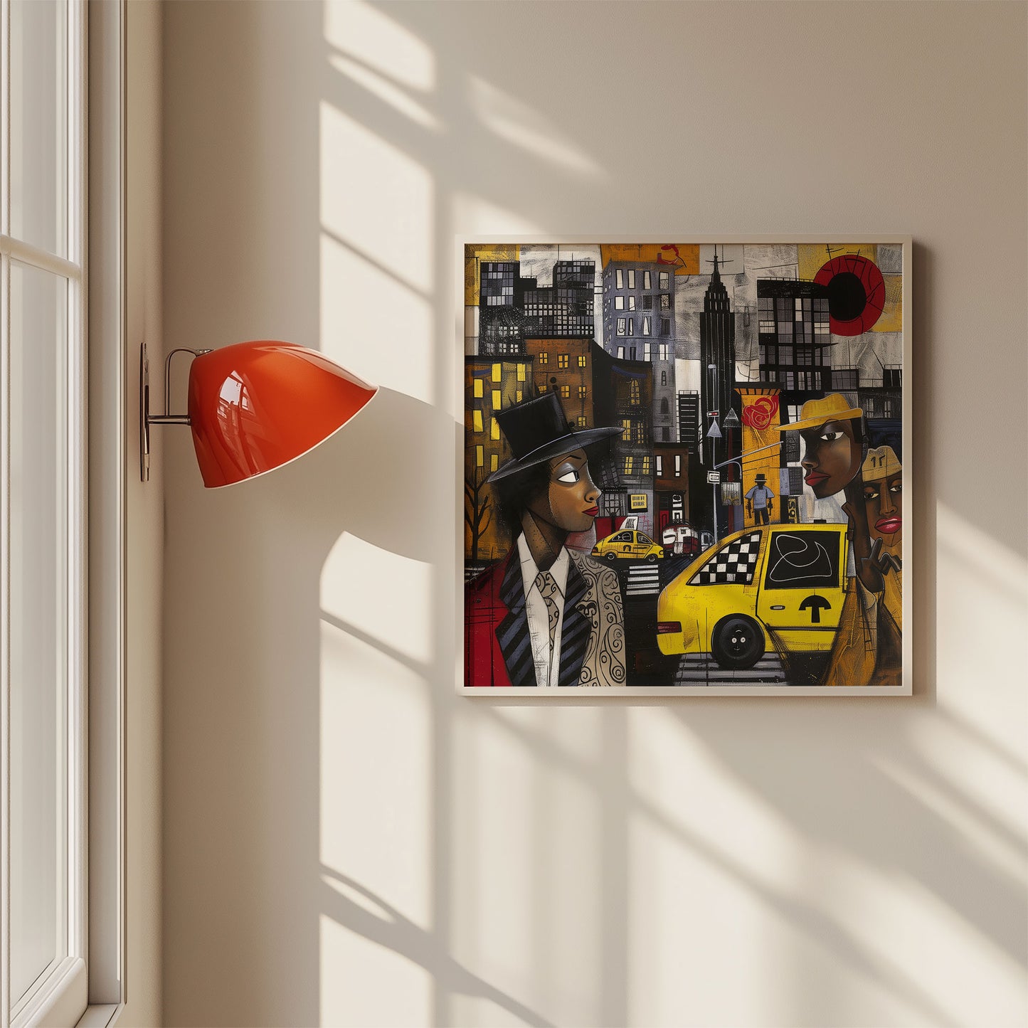 Graffiti-style abstract art print featuring iconic yellow cabs driving through the streets of Harlem, New York City. The gritty urban landscape includes textured buildings and dynamic street elements, capturing the bold energy of NYC in a modern cityscape wall art design.