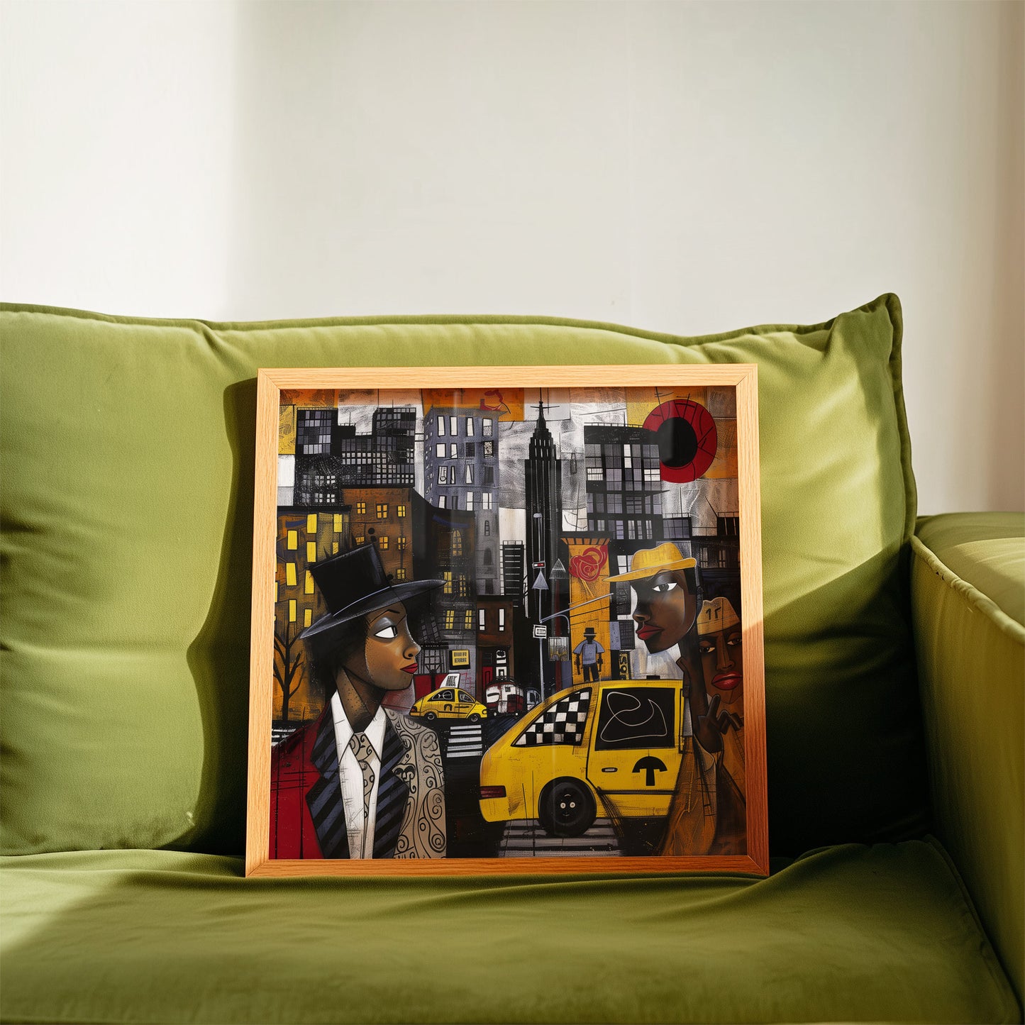 Graffiti-style abstract art print featuring iconic yellow cabs driving through the streets of Harlem, New York City. The gritty urban landscape includes textured buildings and dynamic street elements, capturing the bold energy of NYC in a modern cityscape wall art design.