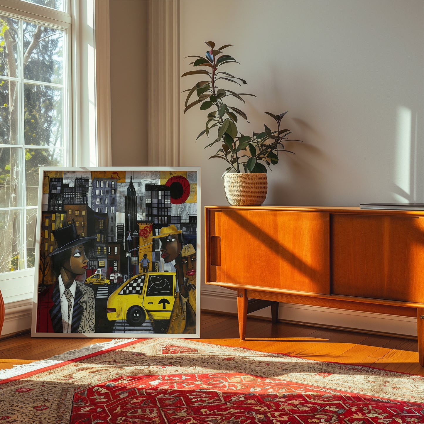 Graffiti-style abstract art print featuring iconic yellow cabs driving through the streets of Harlem, New York City. The gritty urban landscape includes textured buildings and dynamic street elements, capturing the bold energy of NYC in a modern cityscape wall art design.