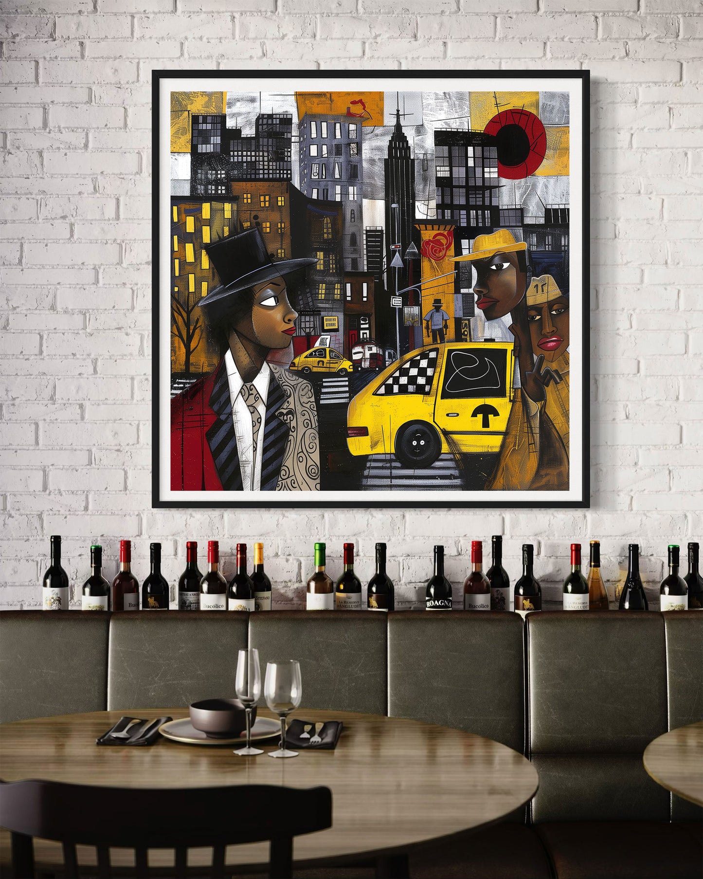 Graffiti-style abstract art print featuring iconic yellow cabs driving through the streets of Harlem, New York City. The gritty urban landscape includes textured buildings and dynamic street elements, capturing the bold energy of NYC in a modern cityscape wall art design.