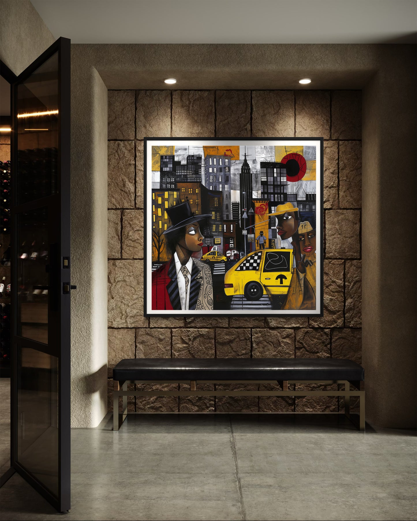 Graffiti-style abstract art print featuring iconic yellow cabs driving through the streets of Harlem, New York City. The gritty urban landscape includes textured buildings and dynamic street elements, capturing the bold energy of NYC in a modern cityscape wall art design.