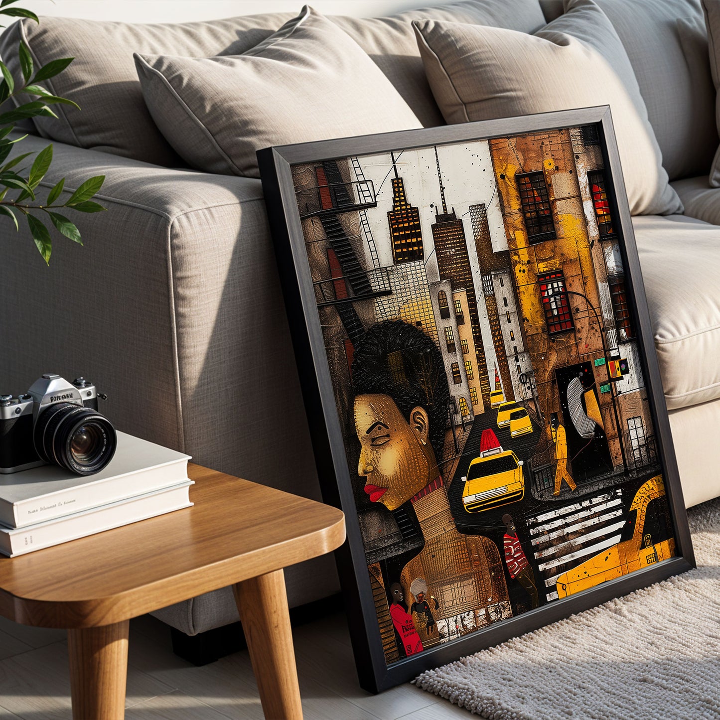 Graffiti-style abstract art print featuring iconic yellow cabs driving through the streets of Harlem, New York City. The gritty urban landscape includes textured buildings and dynamic street elements, capturing the bold energy of NYC in a modern cityscape wall art design.