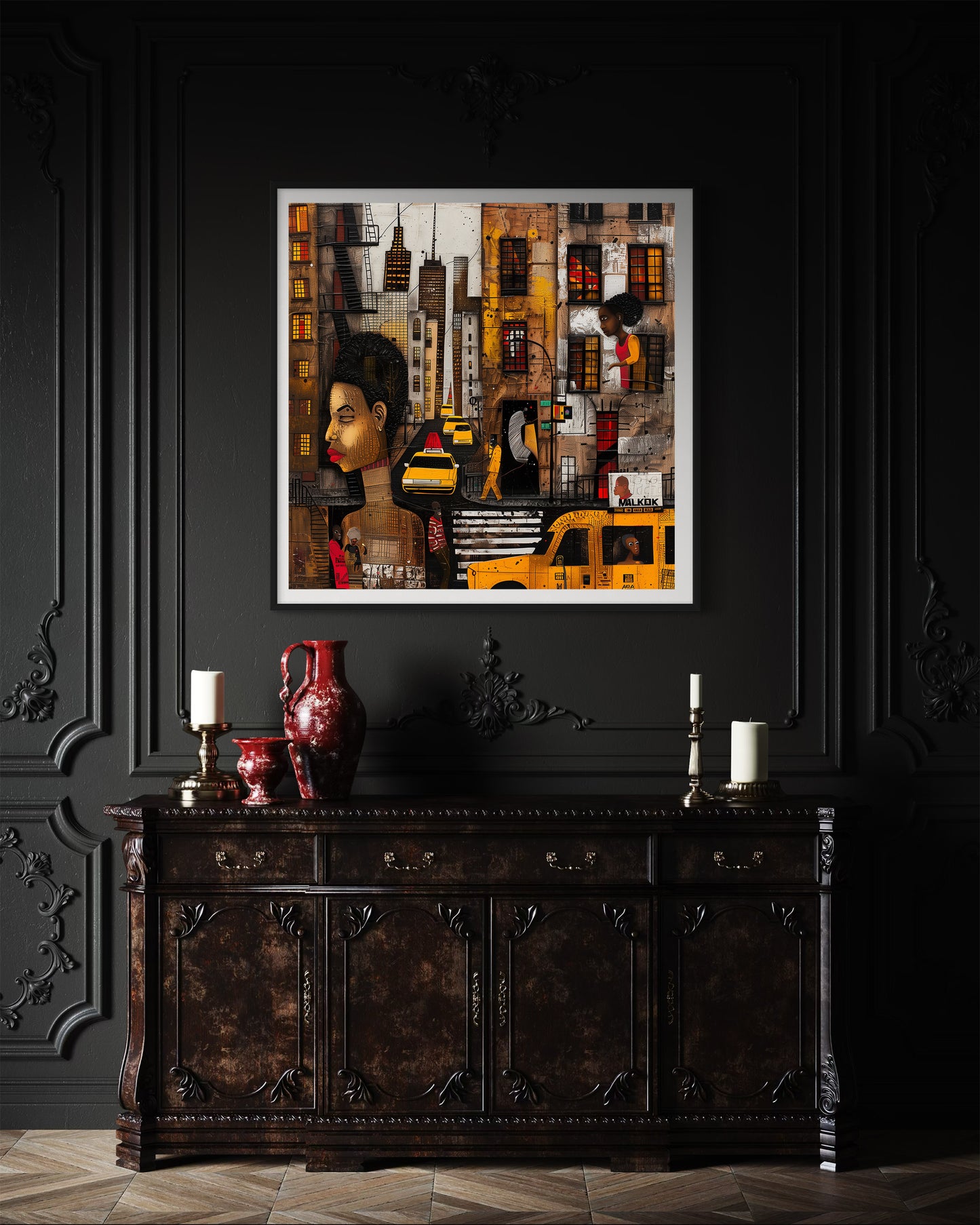 Graffiti-style abstract art print featuring iconic yellow cabs driving through the streets of Harlem, New York City. The gritty urban landscape includes textured buildings and dynamic street elements, capturing the bold energy of NYC in a modern cityscape wall art design.