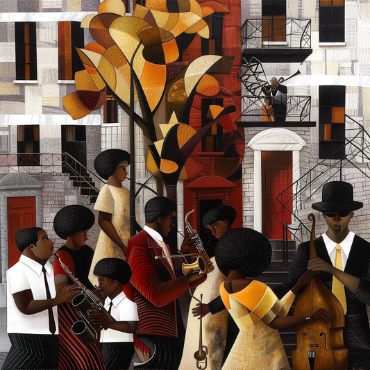 Afrocentric Harlem Renaissance Jazz Musicians Art Print featuring African American performers playing music in the Harlem neighborhood, designed in a bold Bauhaus abstract style with vibrant Afrocentric colors.