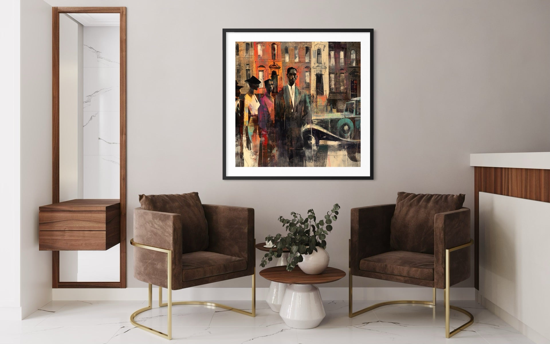 Abstract dark and moody, acrylic style art print of Black people standing on a Harlem sidewalk in front of brownstone buildings with a vintage luxury car parked on the street.