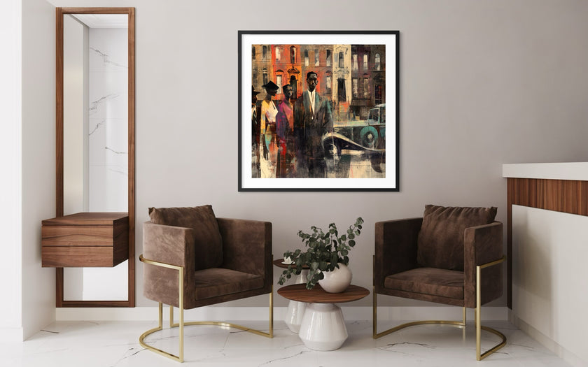 Abstract dark and moody, acrylic style art print of Black people standing on a Harlem sidewalk in front of brownstone buildings with a vintage luxury car parked on the street.