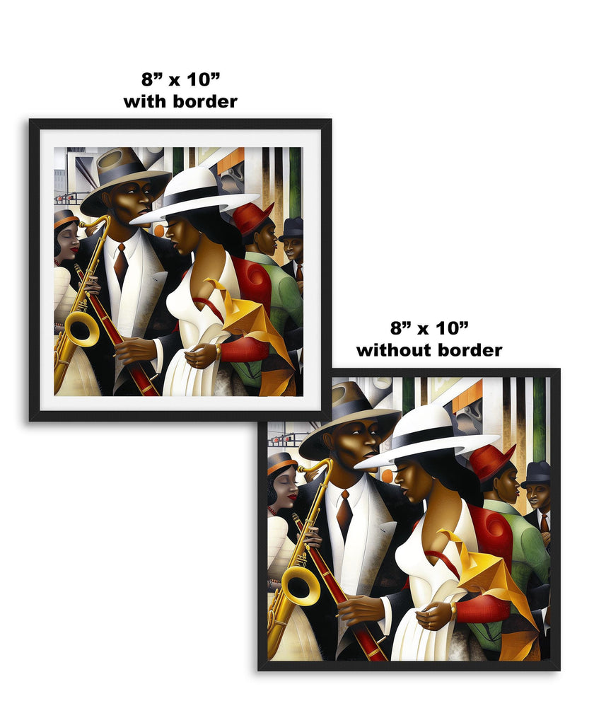 Jazz Musicians Art Print featuring African American performers in an abstract Bauhaus-inspired Afrocentric style. Vibrant Harlem Renaissance wall art celebrating music, culture, and artistic expression.