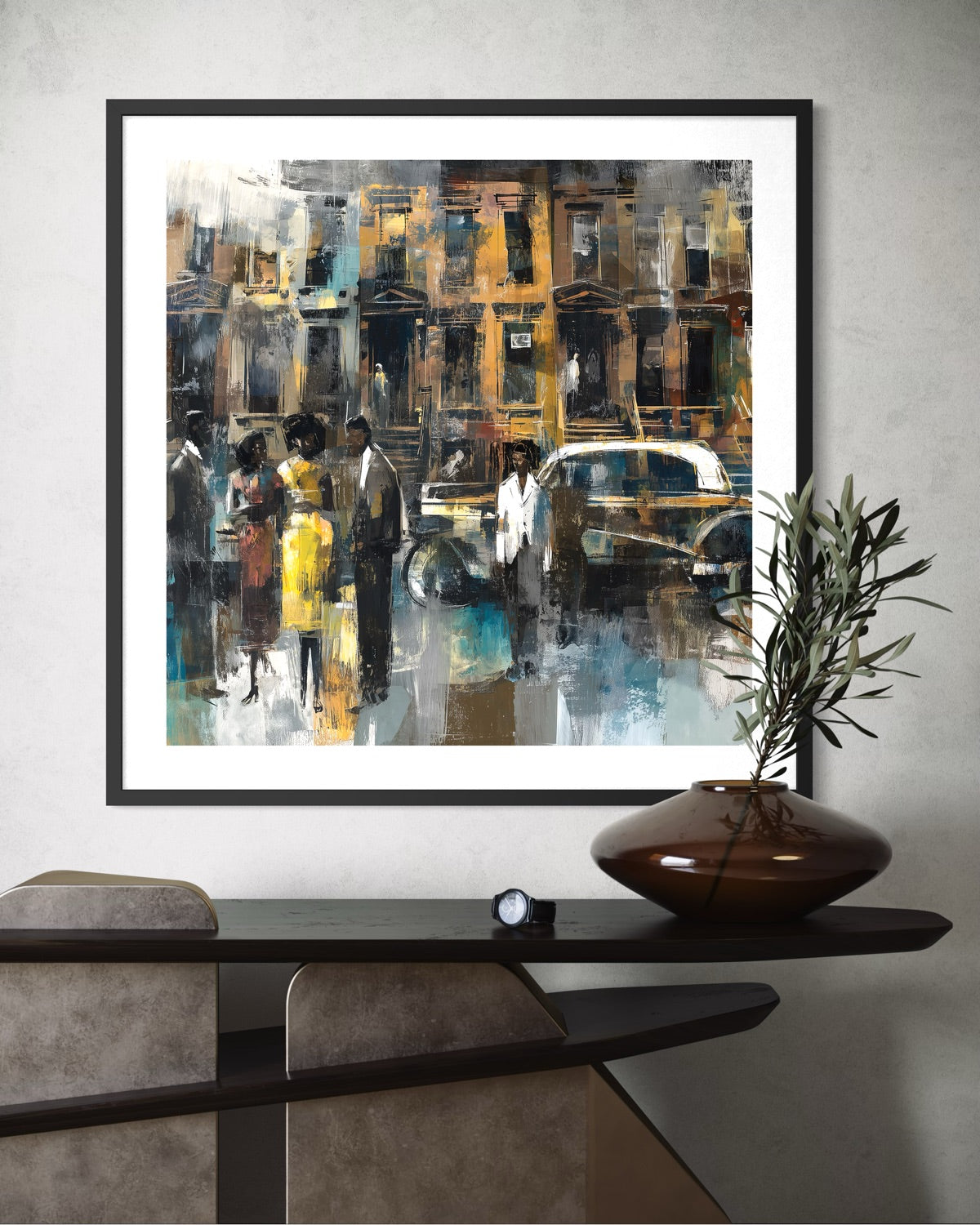 Abstract dark and moody, acrylic style art print of Black people standing on a Harlem sidewalk in front of brownstone buildings with a vintage luxury car parked on the street.