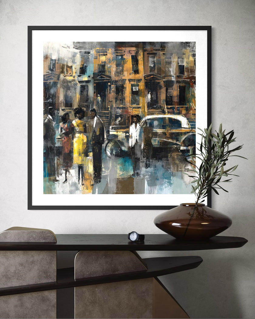 Abstract dark and moody, acrylic style art print of Black people standing on a Harlem sidewalk in front of brownstone buildings with a vintage luxury car parked on the street.