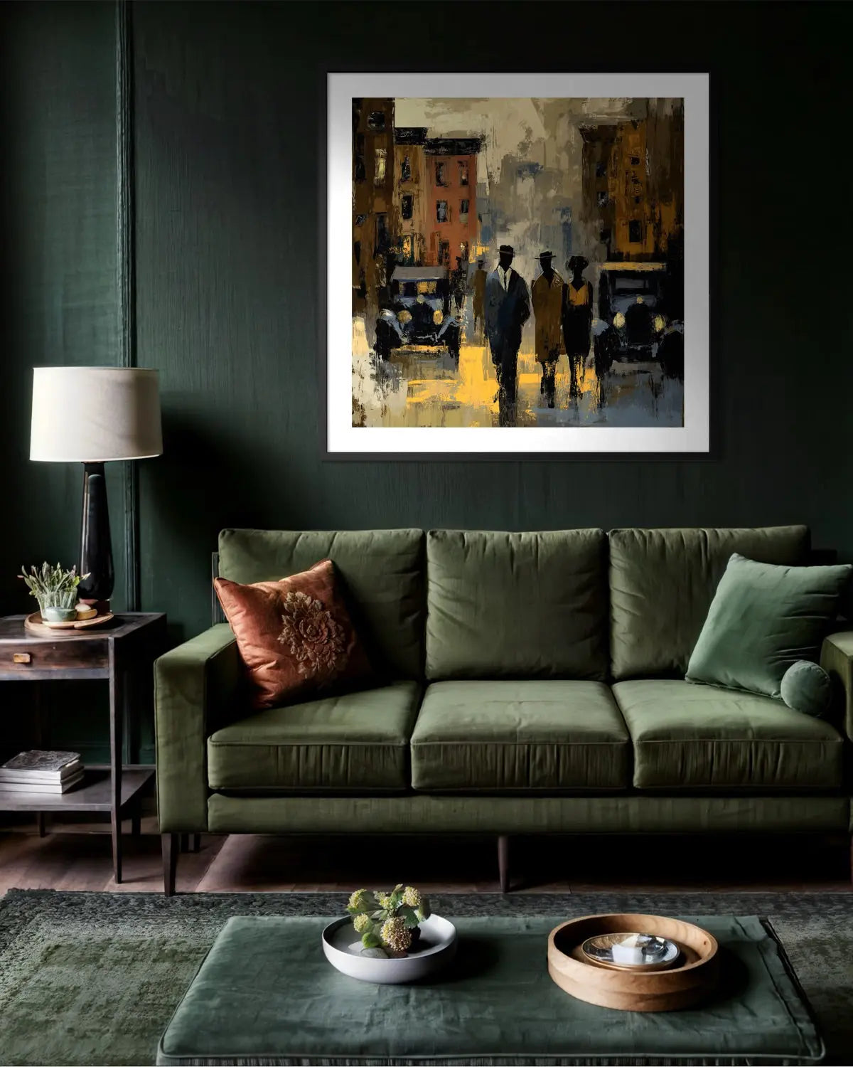 Abstract dark and moody, acrylic style art print of Black people standing on a Harlem street with iconic brownstones and vintage vehicles parked on the street.