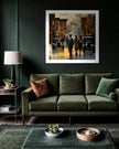 Abstract dark and moody, acrylic style art print of Black people standing on a Harlem street with iconic brownstones and vintage vehicles parked on the street.