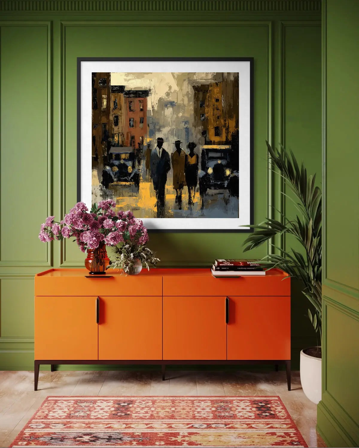 Abstract dark and moody, acrylic style art print of Black people standing on a Harlem street with iconic brownstones and vintage vehicles parked on the street.