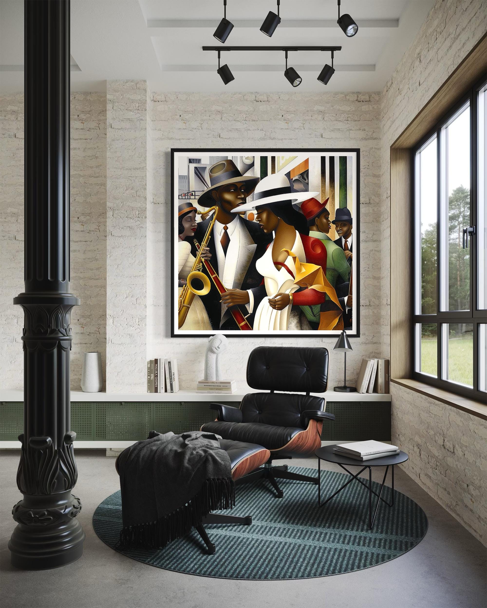 Jazz Musicians Art Print featuring African American performers in an abstract Bauhaus-inspired Afrocentric style. Vibrant Harlem Renaissance wall art celebrating music, culture, and artistic expression.
