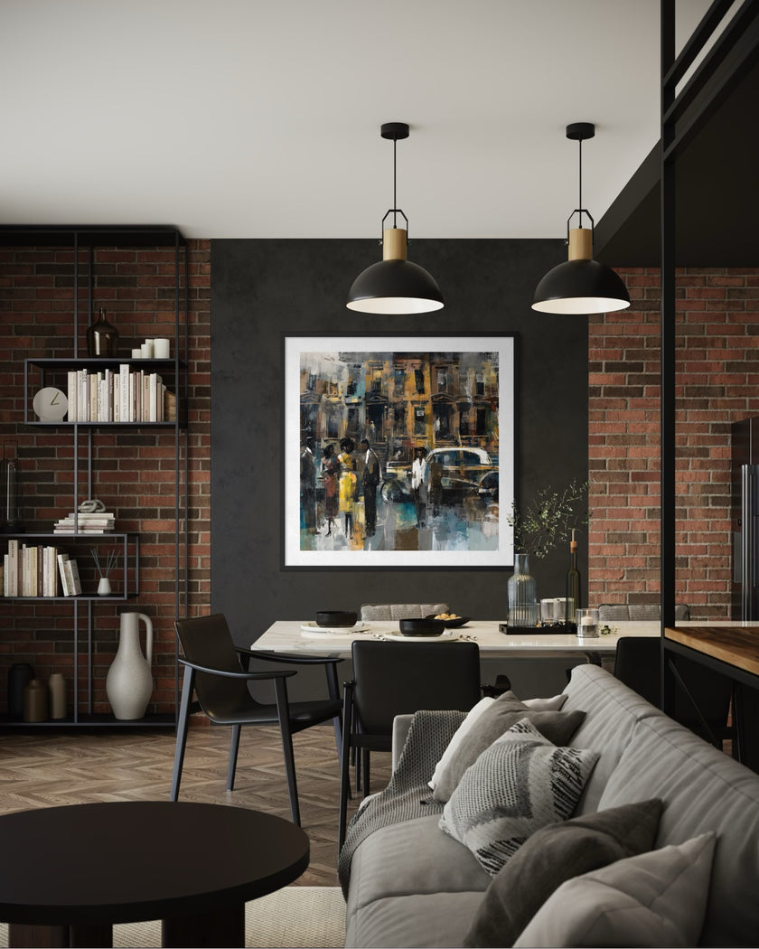Abstract dark and moody, acrylic style art print of Black people standing on a Harlem sidewalk in front of brownstone buildings with a vintage luxury car parked on the street.