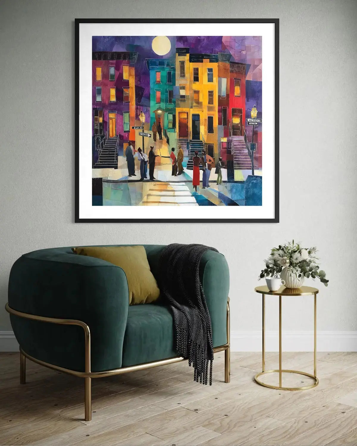 Abstract dark and moody, acrylic style art print of Black people standing on a Harlem sidewalk in front of iconic brownstone buildings.