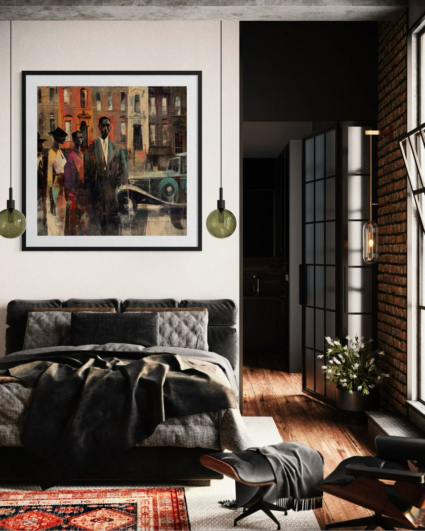 Abstract dark and moody, acrylic style art print of Black people standing on a Harlem sidewalk in front of brownstone buildings with a vintage luxury car parked on the street.