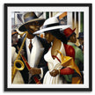 Jazz Musicians Art Print featuring African American performers in an abstract Bauhaus-inspired Afrocentric style. Vibrant Harlem Renaissance wall art celebrating music, culture, and artistic expression.