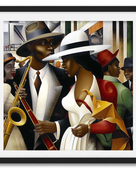 Jazz Musicians Art Print featuring African American performers in an abstract Bauhaus-inspired Afrocentric style. Vibrant Harlem Renaissance wall art celebrating music, culture, and artistic expression.