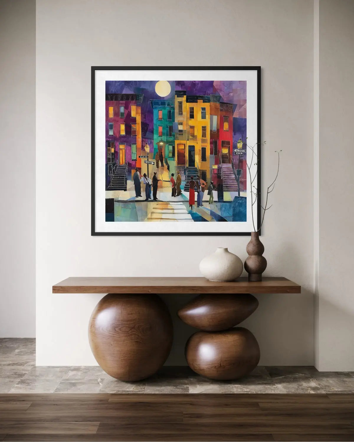 Abstract dark and moody, acrylic style art print of Black people standing on a Harlem sidewalk in front of iconic brownstone buildings.