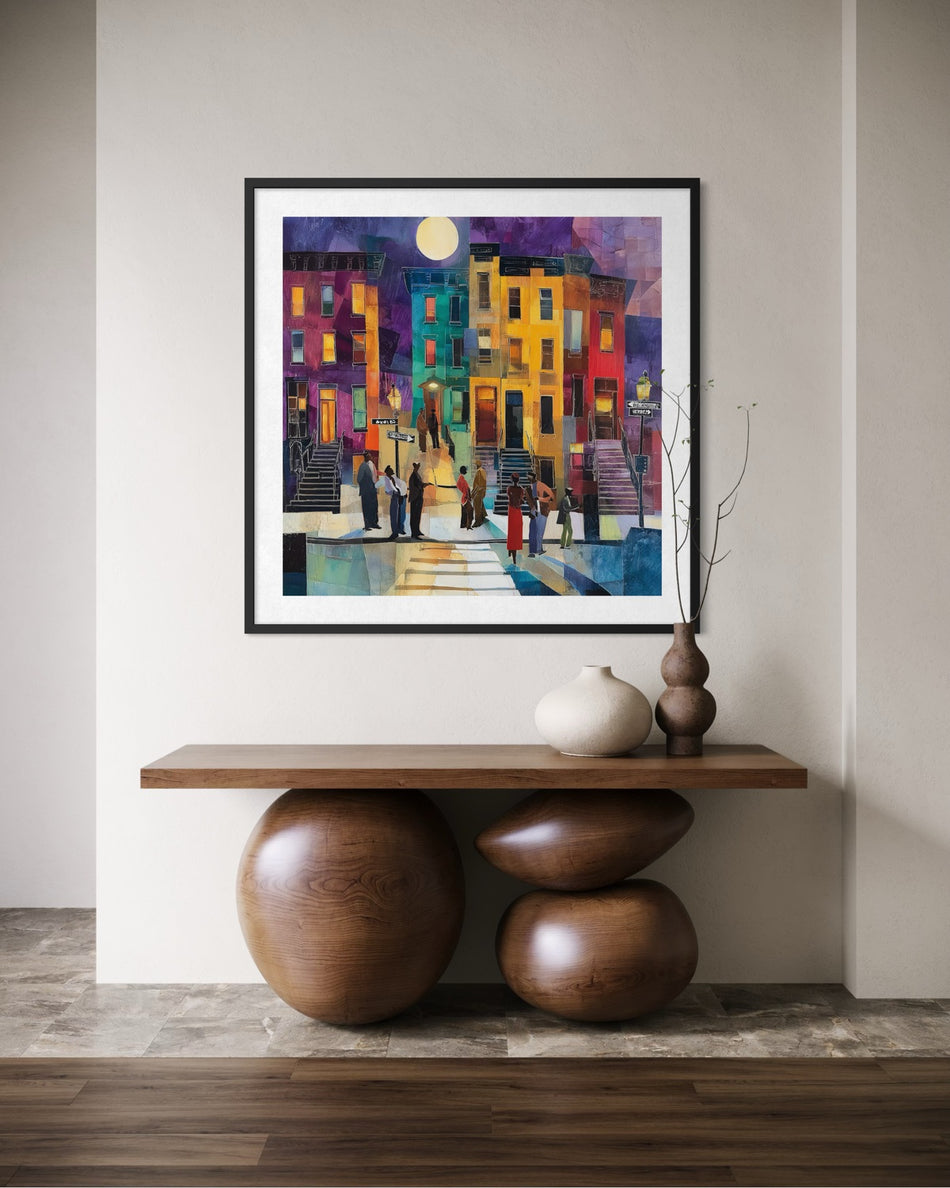 Abstract dark and moody, acrylic style art print of Black people standing on a Harlem sidewalk in front of iconic brownstone buildings.