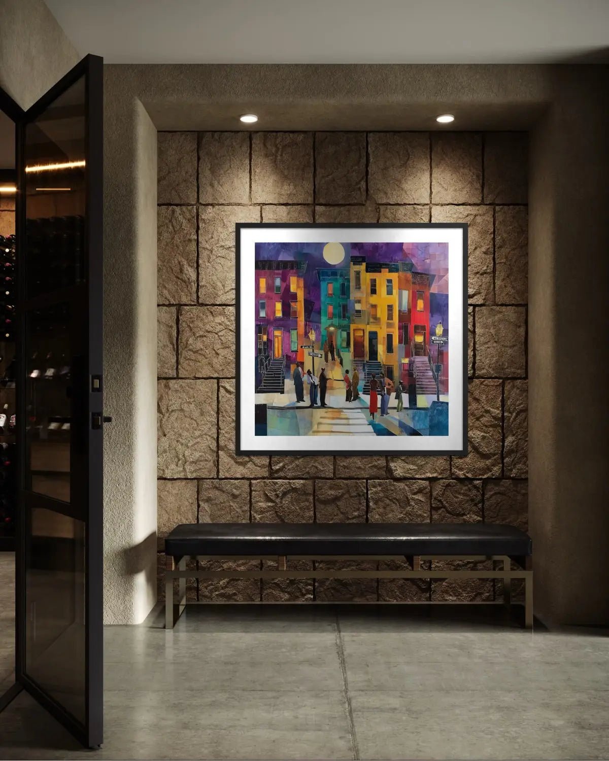 Abstract dark and moody, acrylic style art print of Black people standing on a Harlem sidewalk in front of iconic brownstone buildings.