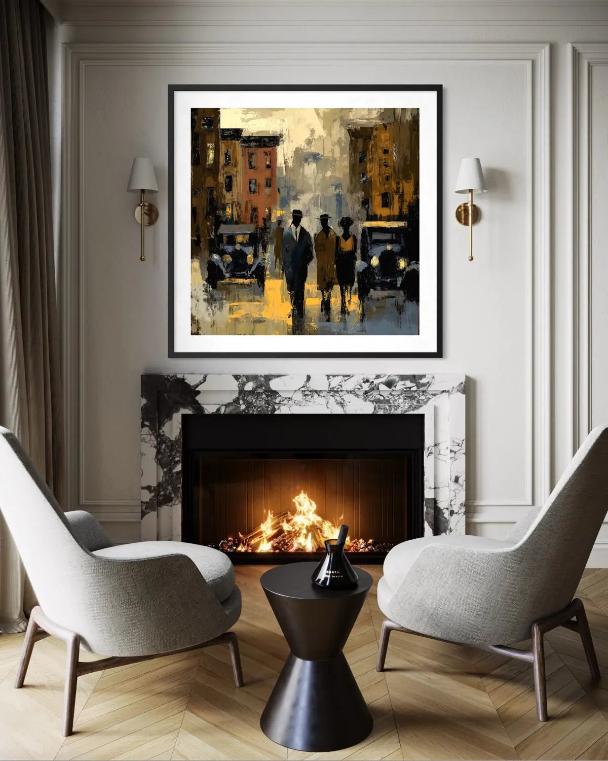 Abstract dark and moody, acrylic style art print of Black people standing on a Harlem street with iconic brownstones and vintage vehicles parked on the street.