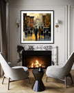 Abstract dark and moody, acrylic style art print of Black people standing on a Harlem street with iconic brownstones and vintage vehicles parked on the street.
