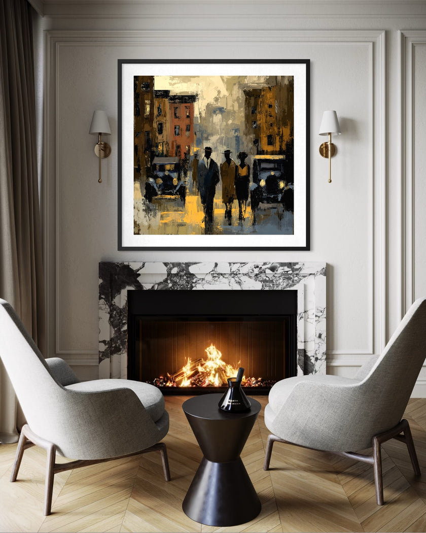 Abstract dark and moody, acrylic style art print of Black people standing on a Harlem street with iconic brownstones and vintage vehicles parked on the street.