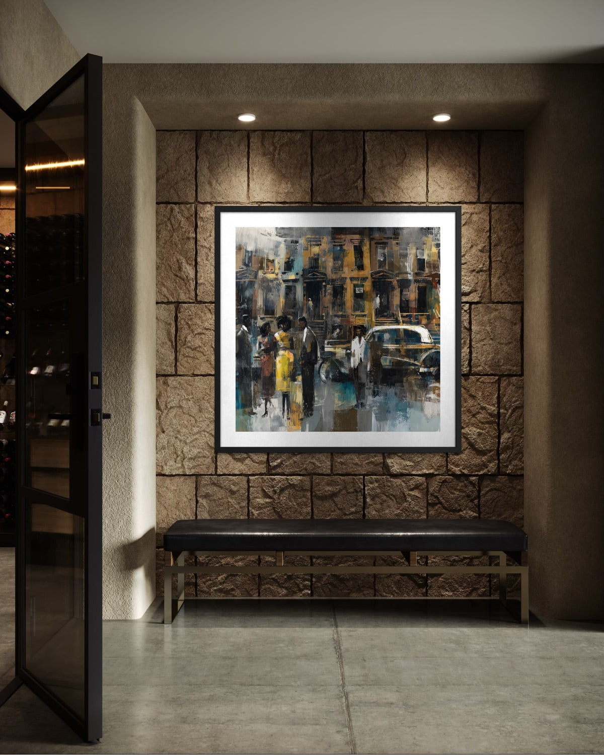 Abstract dark and moody, acrylic style art print of Black people standing on a Harlem sidewalk in front of brownstone buildings with a vintage luxury car parked on the street.