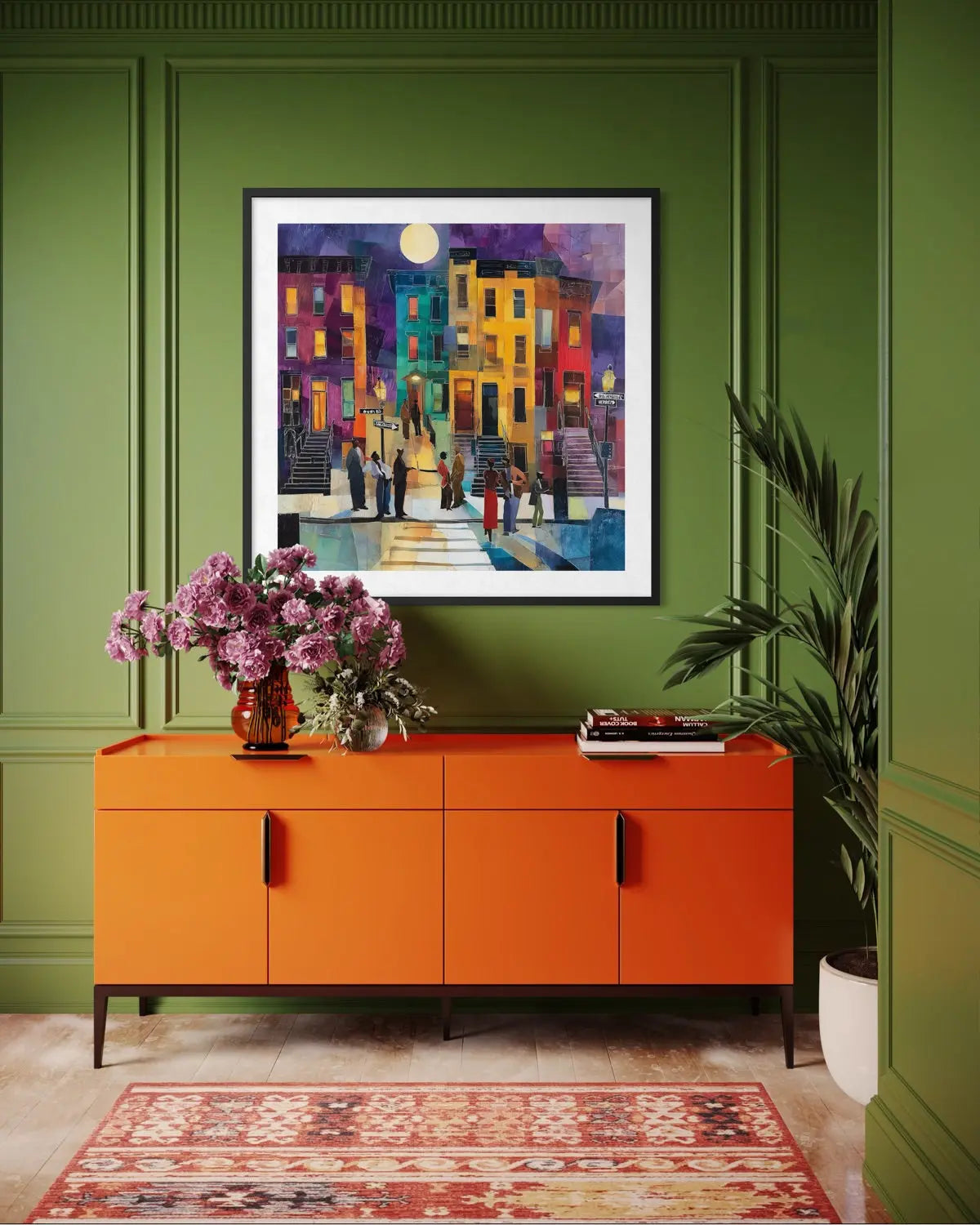Abstract dark and moody, acrylic style art print of Black people standing on a Harlem sidewalk in front of iconic brownstone buildings.