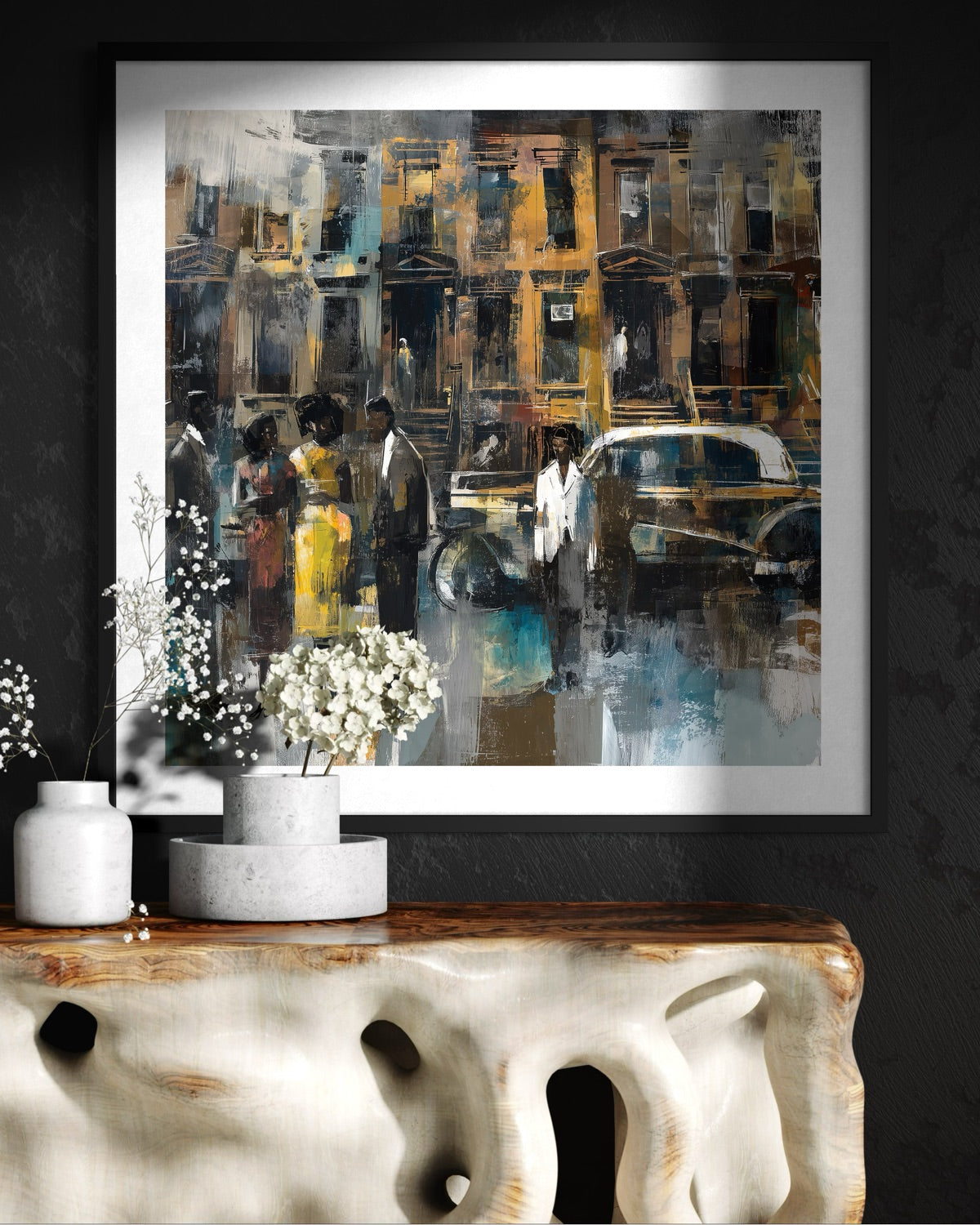 Abstract dark and moody, acrylic style art print of Black people standing on a Harlem sidewalk in front of brownstone buildings with a vintage luxury car parked on the street.