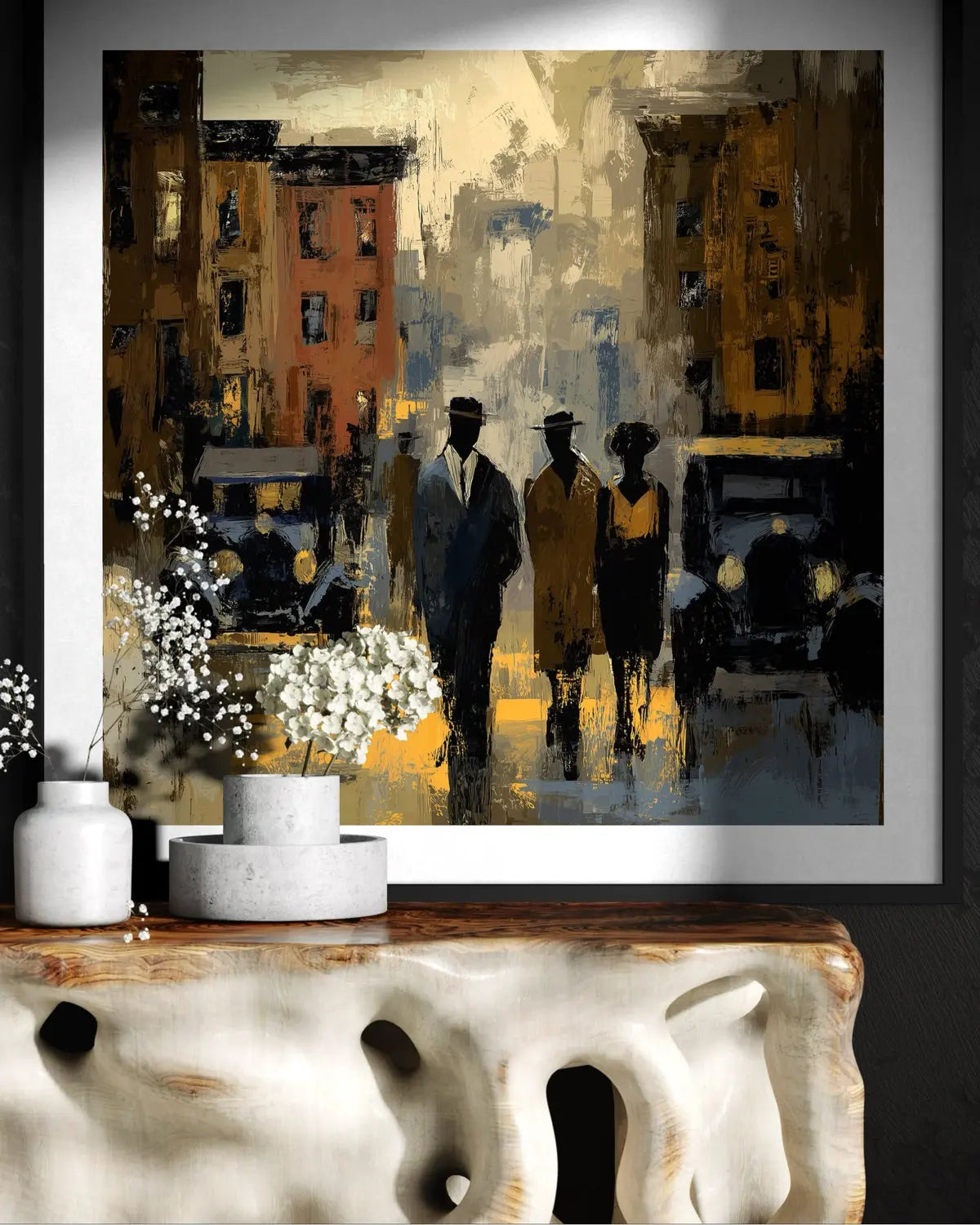 Abstract dark and moody, acrylic style art print of Black people standing on a Harlem street with iconic brownstones and vintage vehicles parked on the street.