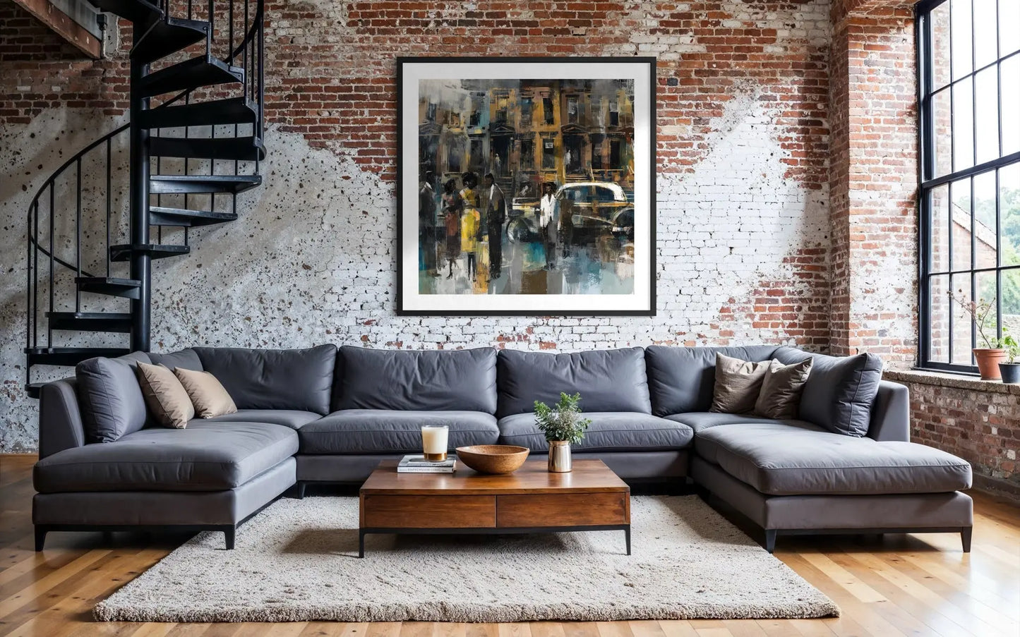 Abstract dark and moody, acrylic style art print of Black people standing on a Harlem sidewalk in front of brownstone buildings with a vintage luxury car parked on the street.