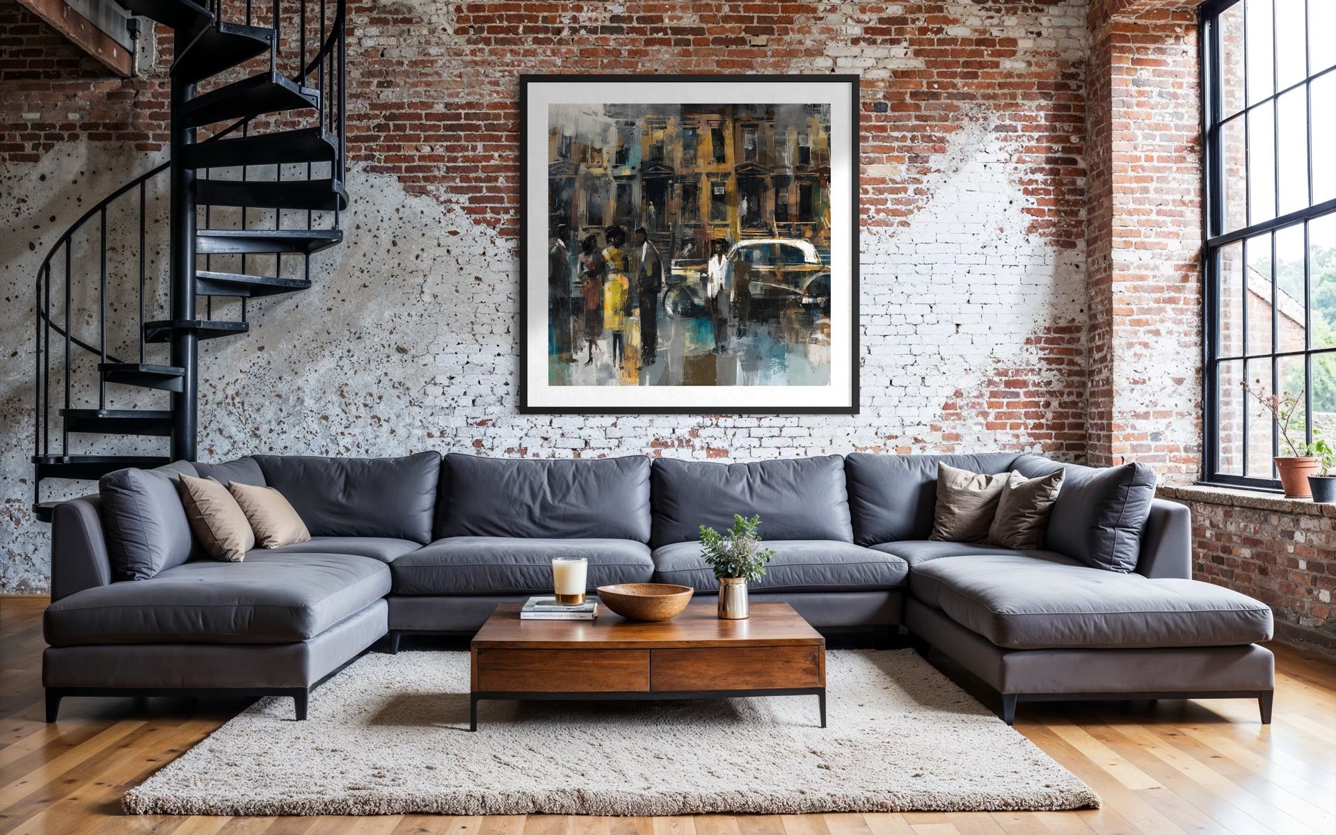 Abstract dark and moody, acrylic style art print of Black people standing on a Harlem sidewalk in front of brownstone buildings with a vintage luxury car parked on the street.