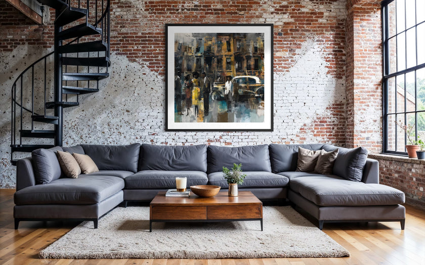 Abstract dark and moody, acrylic style art print of Black people standing on a Harlem sidewalk in front of brownstone buildings with a vintage luxury car parked on the street.