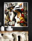 Jazz Musicians Art Print featuring African American performers in an abstract Bauhaus-inspired Afrocentric style. Vibrant Harlem Renaissance wall art celebrating music, culture, and artistic expression.