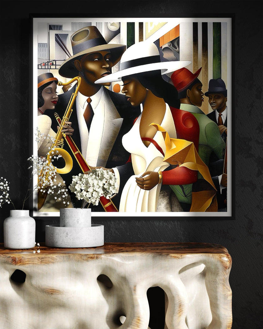 Jazz Musicians Art Print featuring African American performers in an abstract Bauhaus-inspired Afrocentric style. Vibrant Harlem Renaissance wall art celebrating music, culture, and artistic expression.