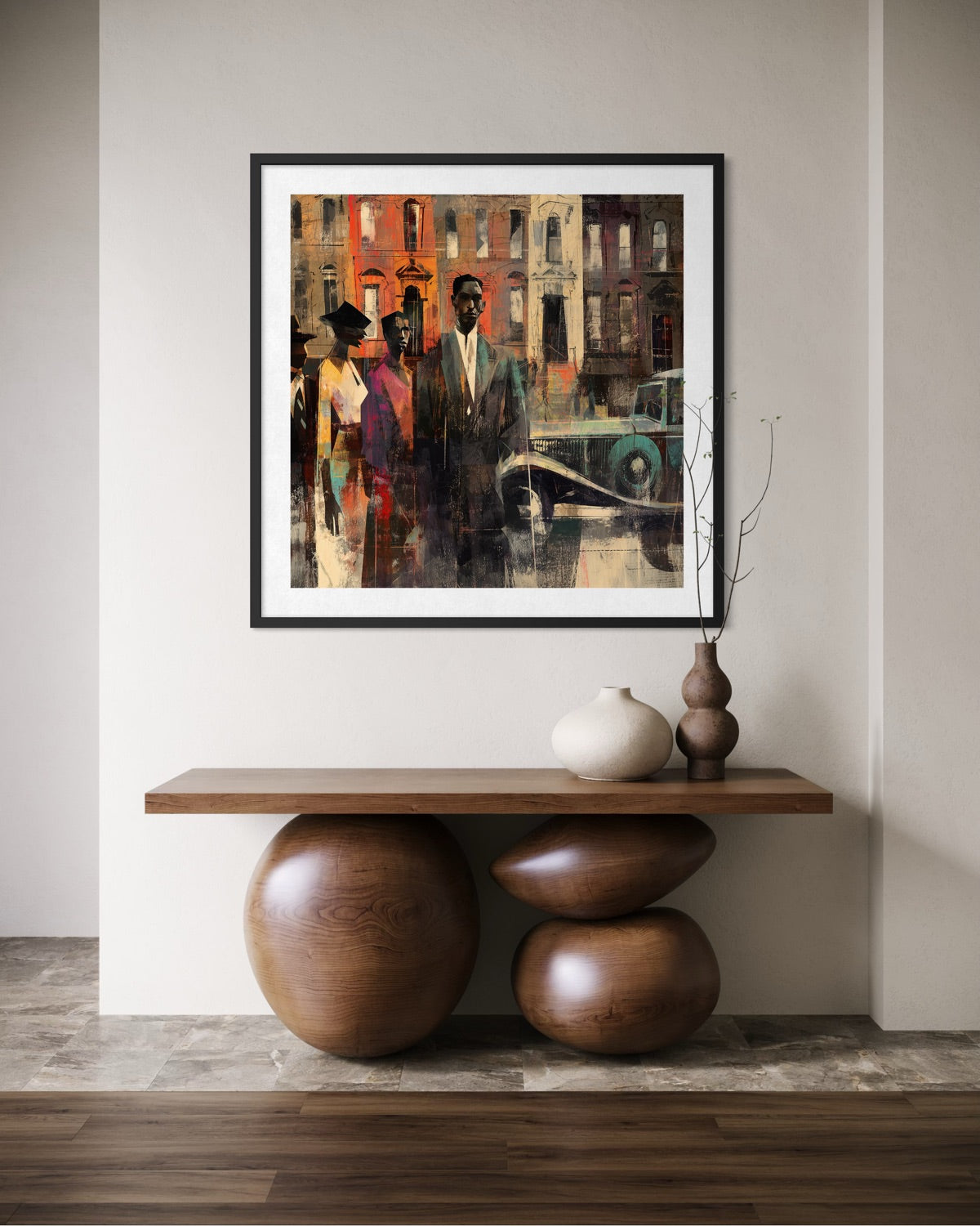 Abstract dark and moody, acrylic style art print of Black people standing on a Harlem sidewalk in front of brownstone buildings with a vintage luxury car parked on the street.