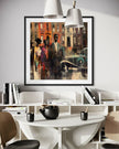 Abstract dark and moody, acrylic style art print of Black people standing on a Harlem sidewalk in front of brownstone buildings with a vintage luxury car parked on the street.