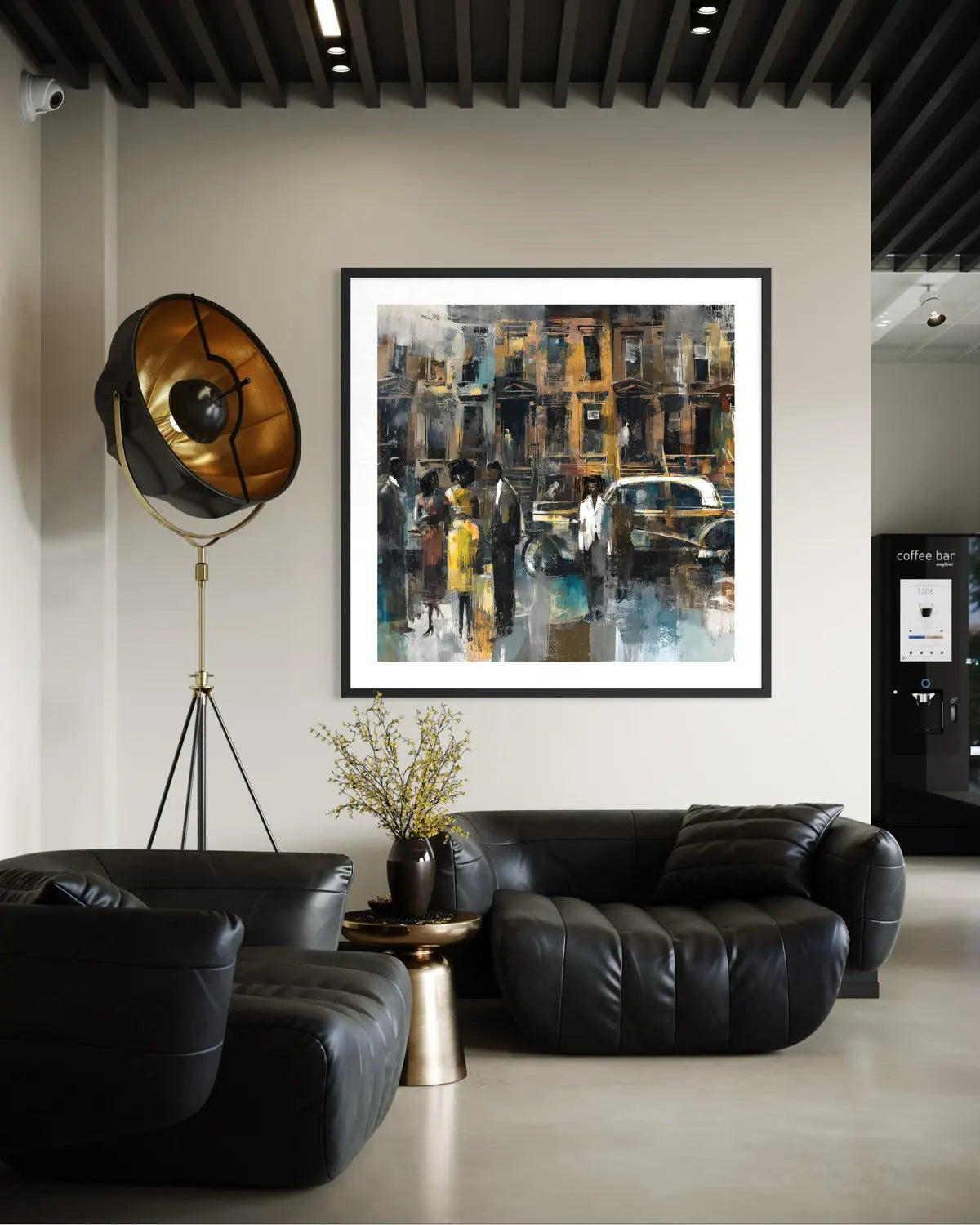 Abstract dark and moody, acrylic style art print of Black people standing on a Harlem sidewalk in front of brownstone buildings with a vintage luxury car parked on the street.