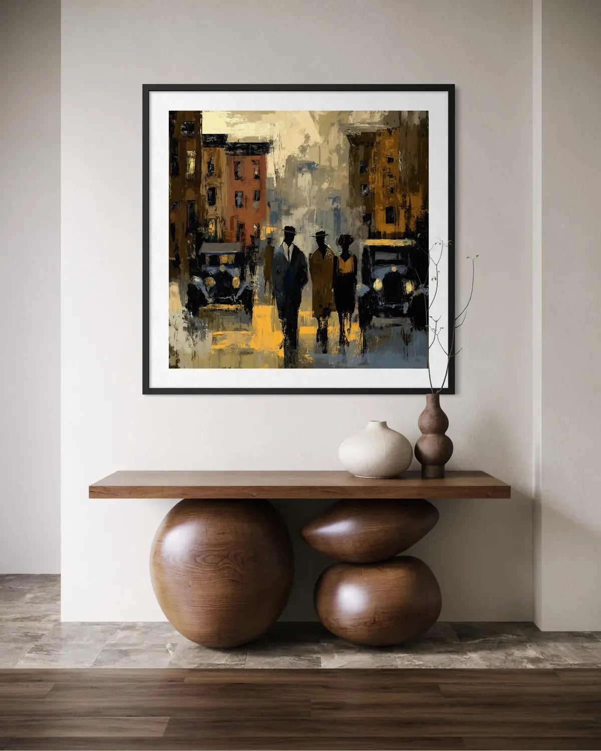 Abstract dark and moody, acrylic style art print of Black people standing on a Harlem street with iconic brownstones and vintage vehicles parked on the street.