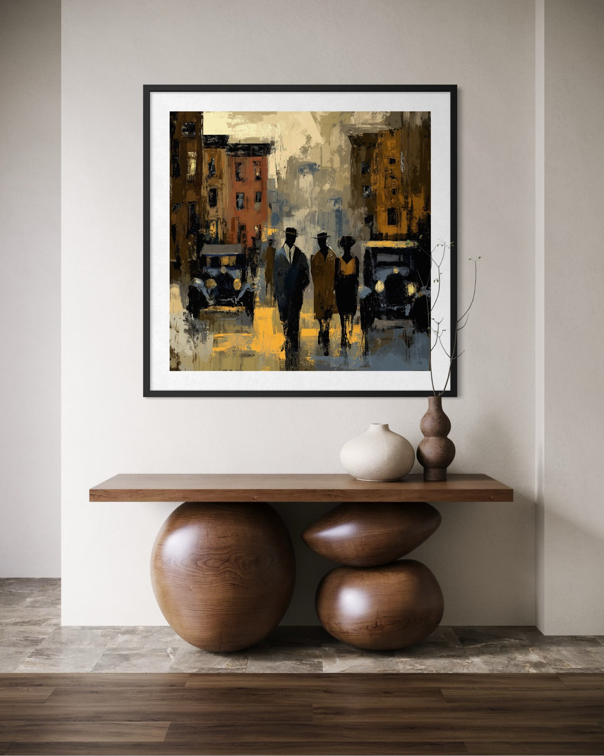 Abstract dark and moody, acrylic style art print of Black people standing on a Harlem street with iconic brownstones and vintage vehicles parked on the street.