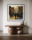 Abstract dark and moody, acrylic style art print of Black people standing on a Harlem street with iconic brownstones and vintage vehicles parked on the street.