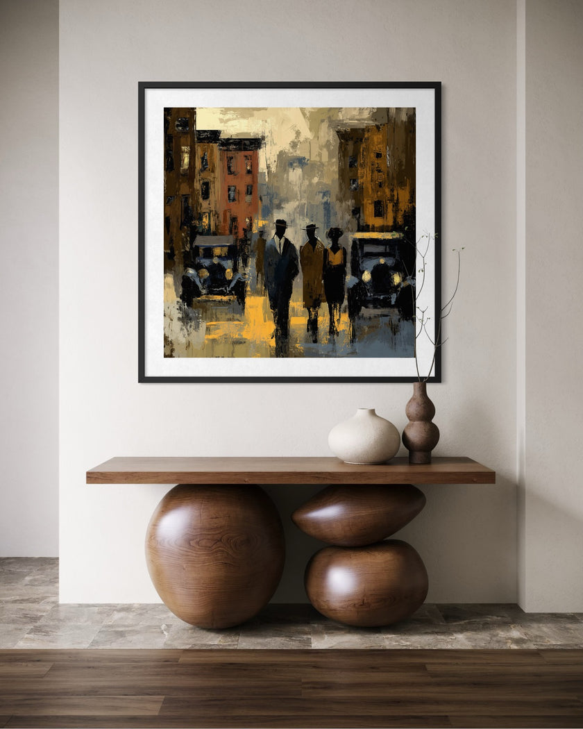 Abstract dark and moody, acrylic style art print of Black people standing on a Harlem street with iconic brownstones and vintage vehicles parked on the street.